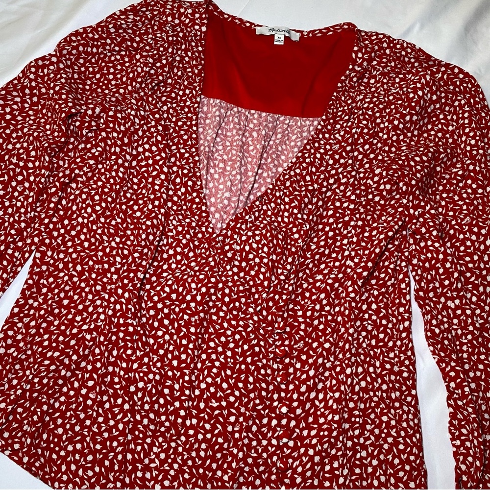 Madewell Red Floral Patterned Women's Long Sleeve Top Blouse, Oversized - Picture 5 of 11